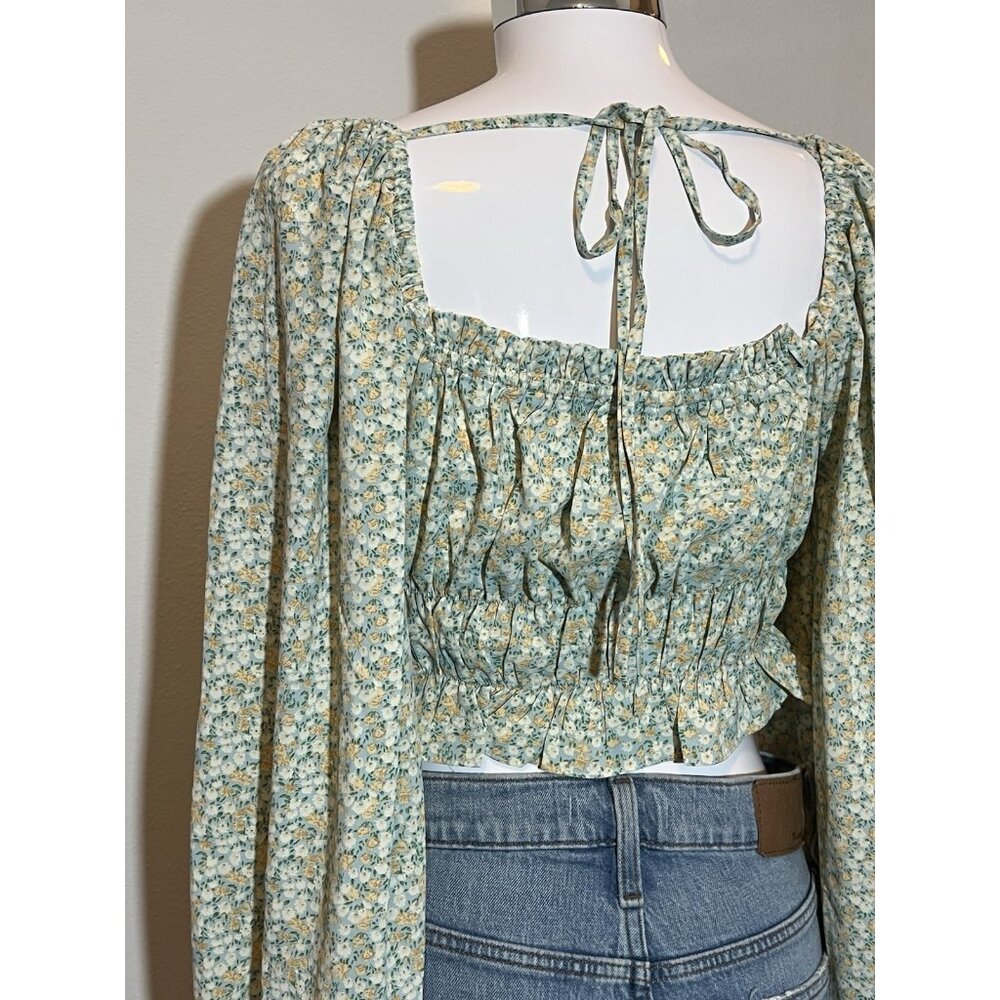 Mable Anthropologie Women FLORAL PUFF SLEEVE Crop Top Medium Size Stretch Green - Picture 6 of 11